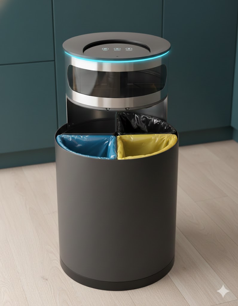 Man in a park collecting plastic waste into a blue bag, wearing a recycling t-shirt.